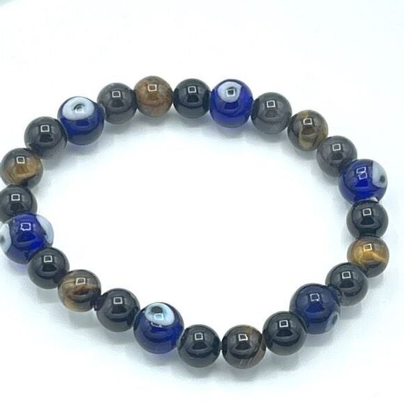 Crystal beaded stretch bracelet ONE NEW evil eye yellow tiger eye silver obsidia - Picture 1 of 10